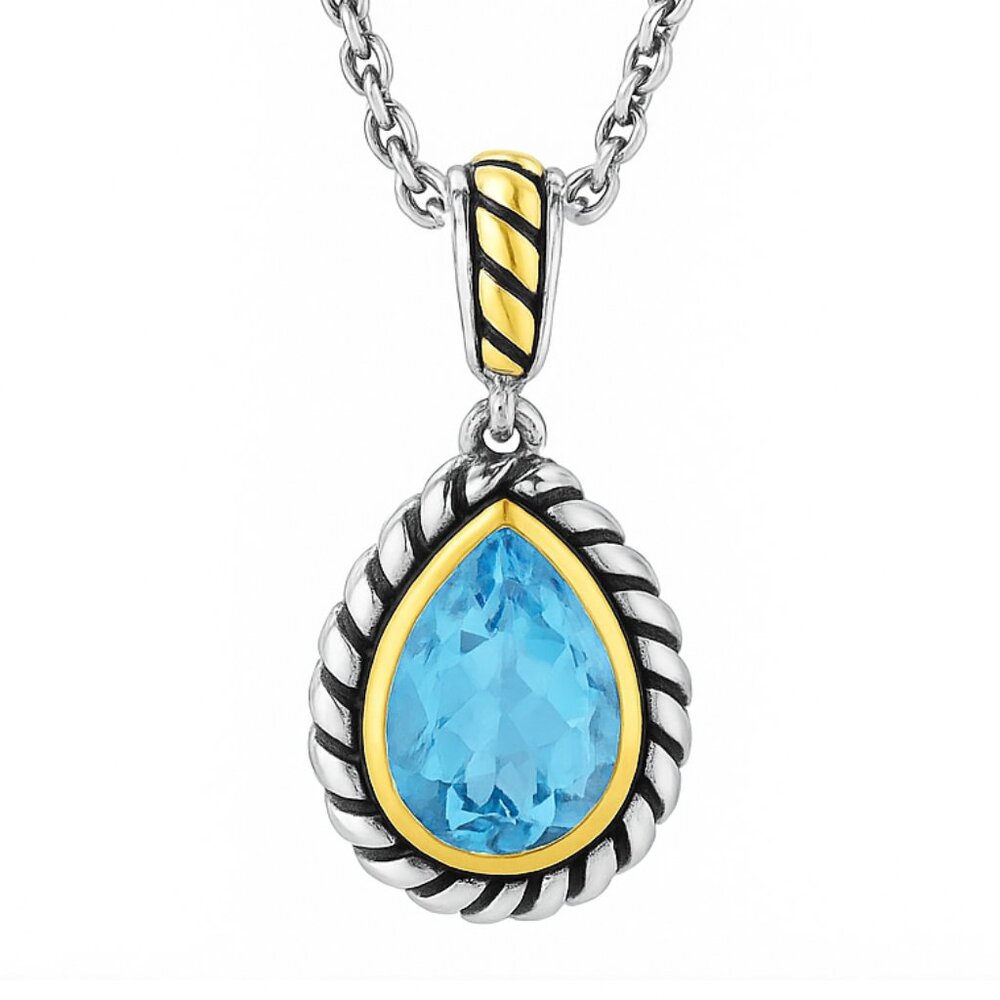 💧 Effy Blue Topaz Pear Pendant Necklace – Sterling Silver & 18K Yellow Gold
